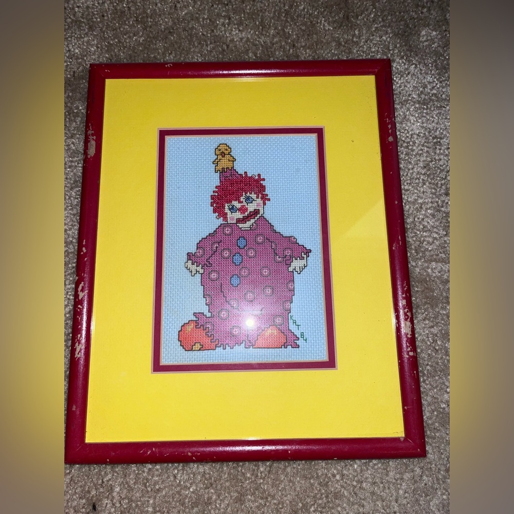 Framed Clown Cross-Stitch Art 1984